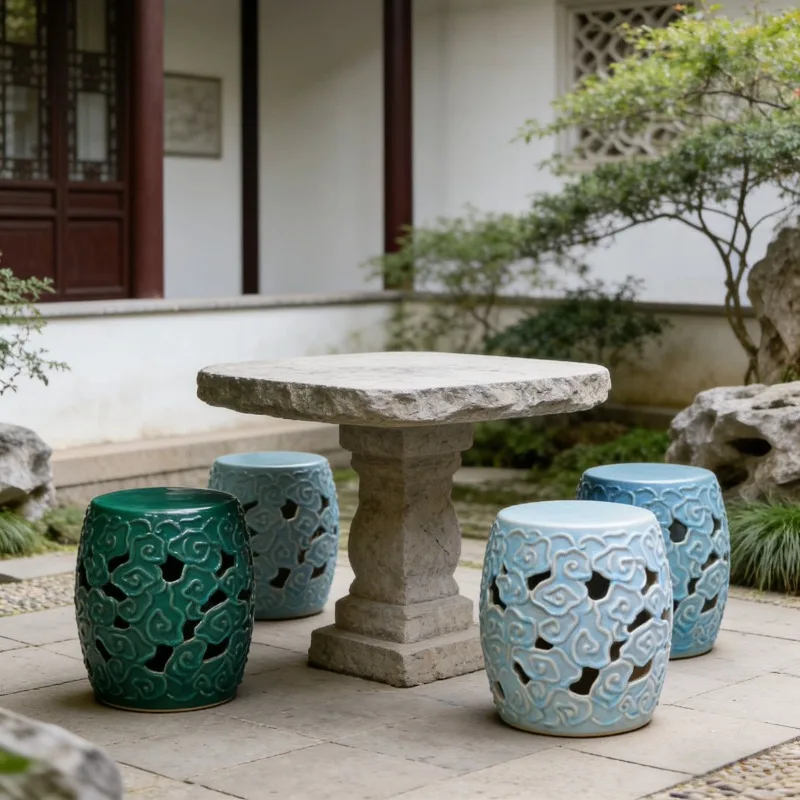Ceramic Drum Stool Chinese Style Round Bar Stool Vintage Porcelain Accent Seat for Living Room Entryway Vanity Piano Stool