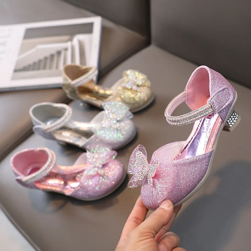 Little Girl Rhinestone Bow Sandals Fashion Kids Pearl Princess Dance Single Shoes Children\'s Party Wedding High Heels Shoes H932