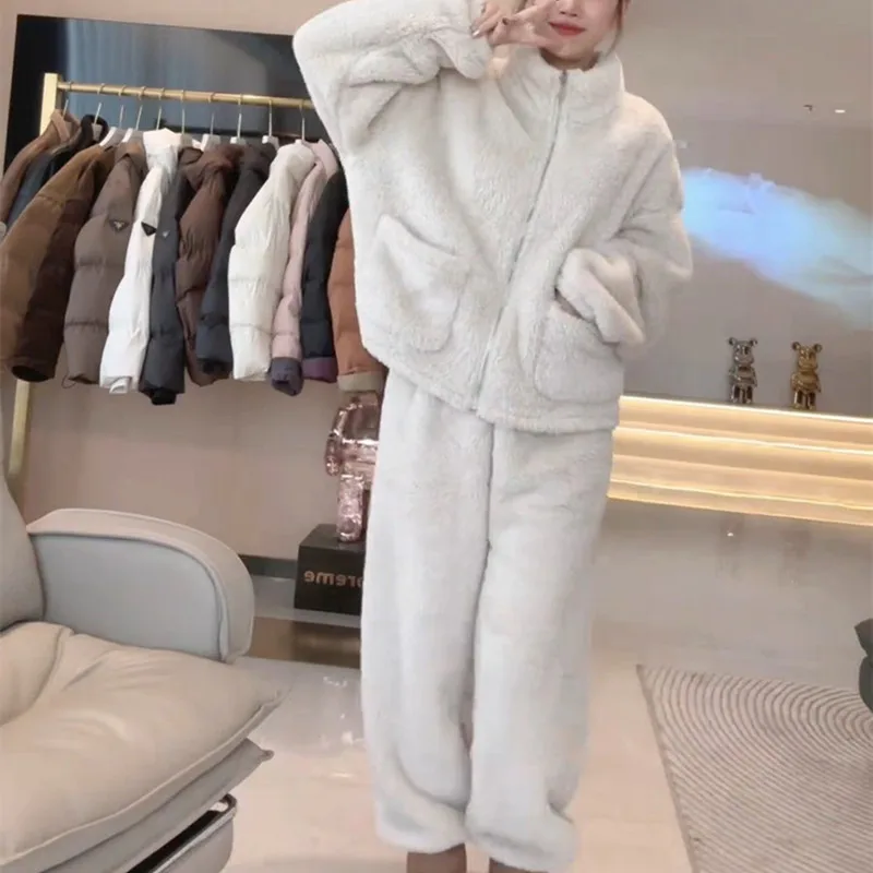 

Пижамные комплекты для женщин, зимние однотонные повседневные мягкие молнии с длинными рукавами, костюмы из кораллового флиса, простая удобная одежда для сна