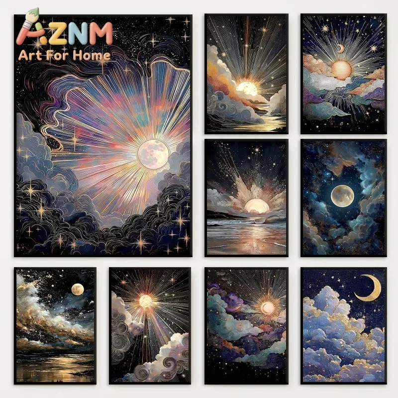 AZNM Celestial Sun Moon Star Cloud Canvas Wall Art Mystic Cosmic Galaxy Vintage Line Art Print Unframed Canvas Poster for Home D