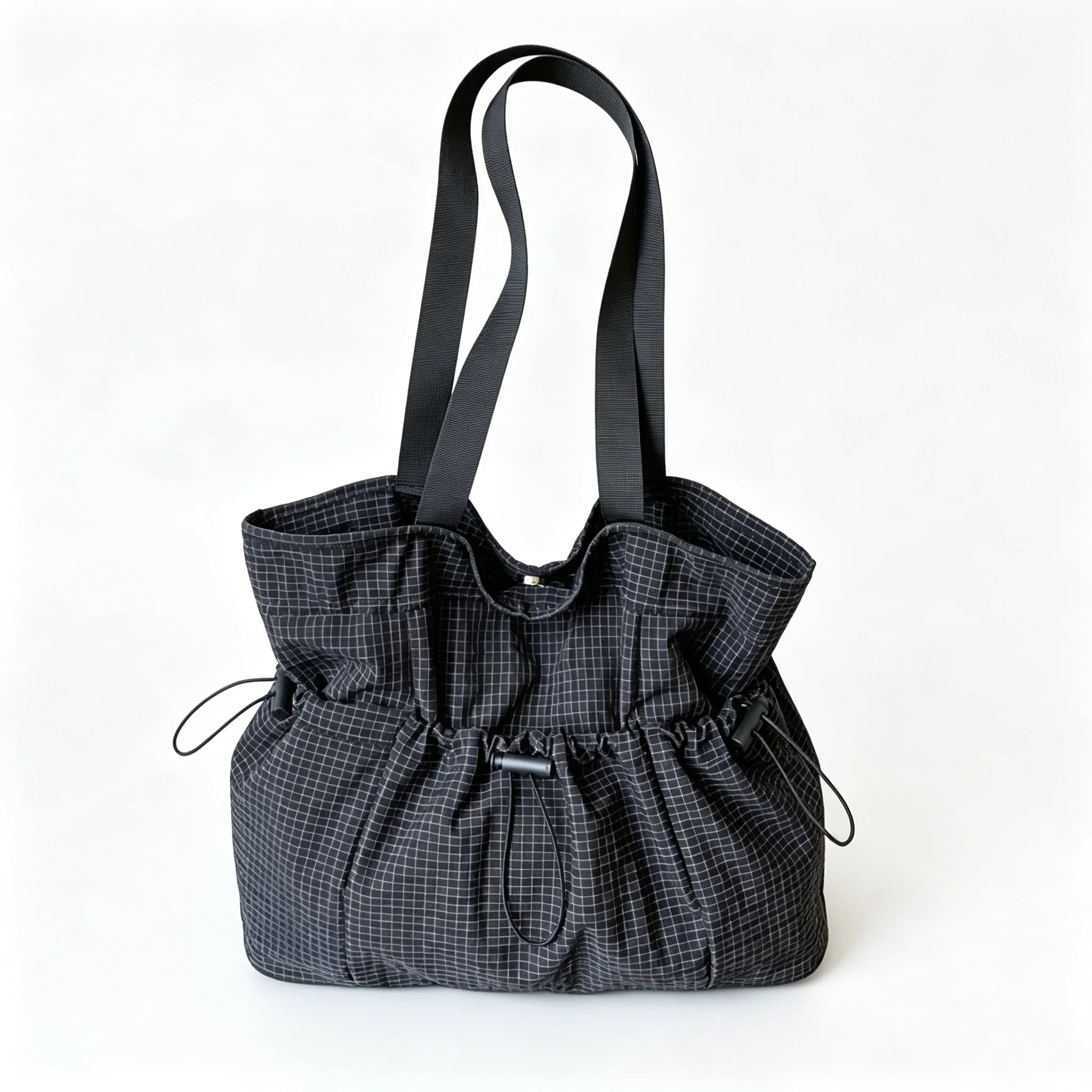 Beige Coffee Brown Purple Black Tartan Plaid Drawstring Canvas Tote Bag Large Capacity Soft Lightweight Shoulder for Women Girls