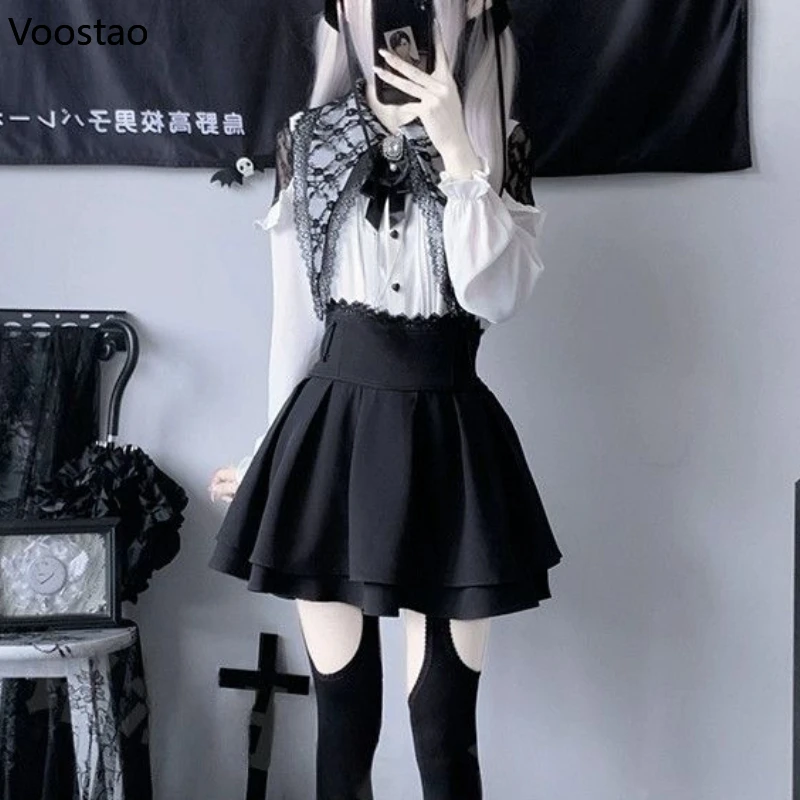 Y2k Aesthetic Lolita Skirt Set Japanese Gothic Bow Lace Off Shoulder Long Sleeve Shirt Mini Skirts Suit Harajuku Sweet Outfits