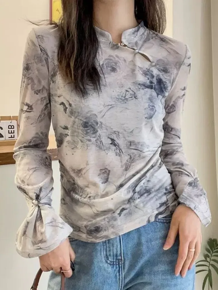 Retro Style Long Sleeve T-Shirt Comfortable Inner Wear Base Shirt Mountain Water Print Design Button up High End Feeling Top