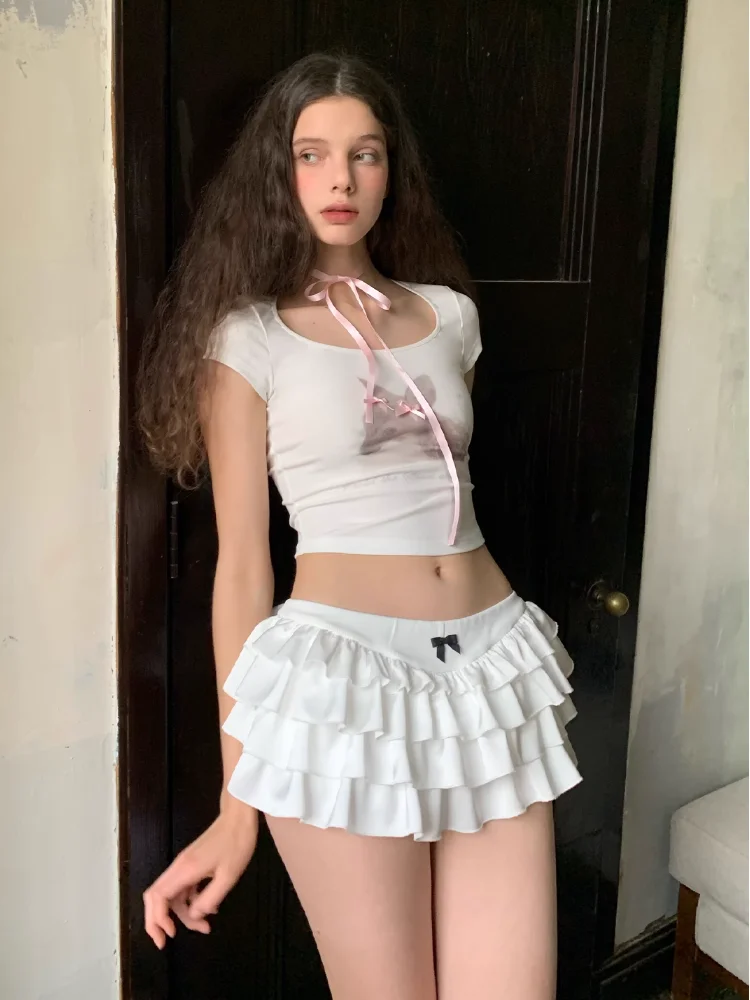Y2k Kawaii Cute Cake Ruffles White Mini Skirt Women Bow Slim Skirt Elastic Waist Summer A-line Skirt Going Out Party Streetwear
