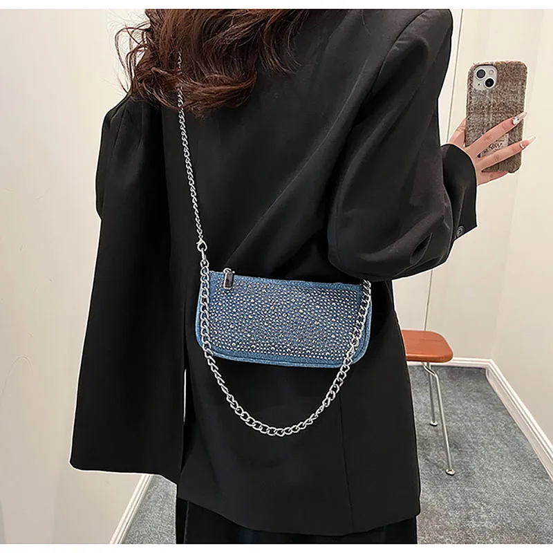 Light Luxury Diamond Denim Texture Chains Underarm Bag High Quality Fashion Small Square Bag Women 2024 New Simple Crossbody Bag