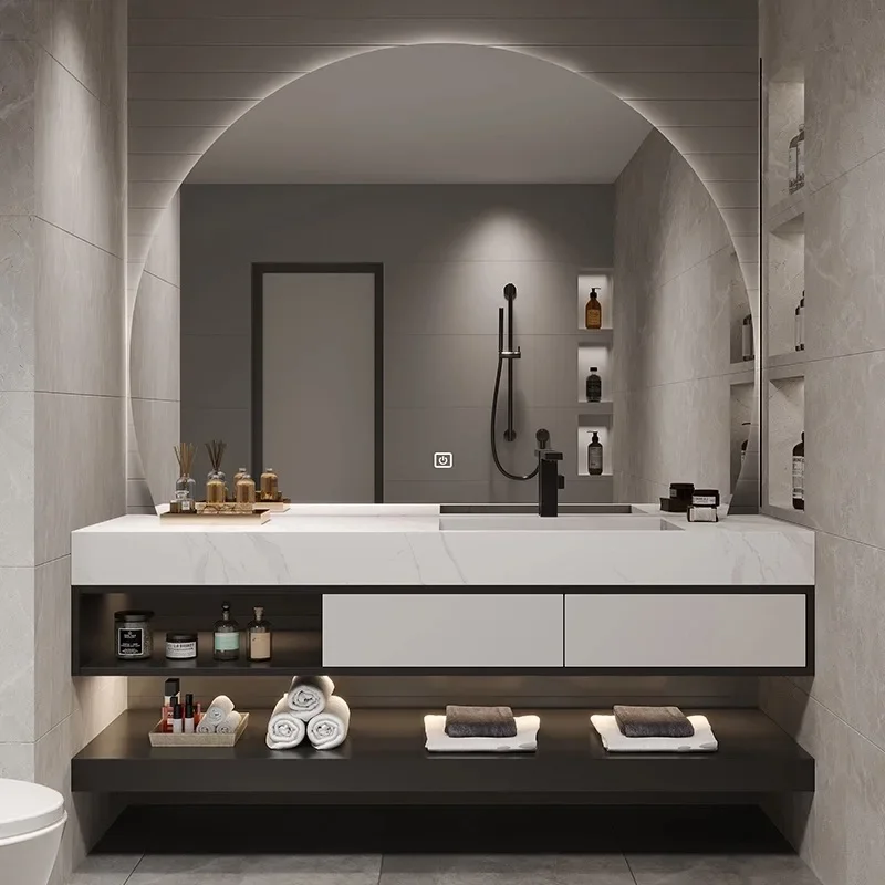 Modern bathroom sink, plywood stainless steel construction, floor-to-ceiling/wall-mounted sink, mirror, countertop