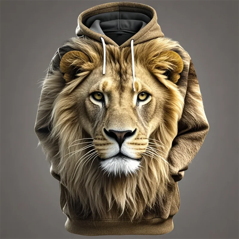 Sudadera con capucha con estampado de León en 3D para hombre, Sudadera con capucha de calle a la moda, chándal de gran tamaño para verano y otoño, sudaderas informales con capucha