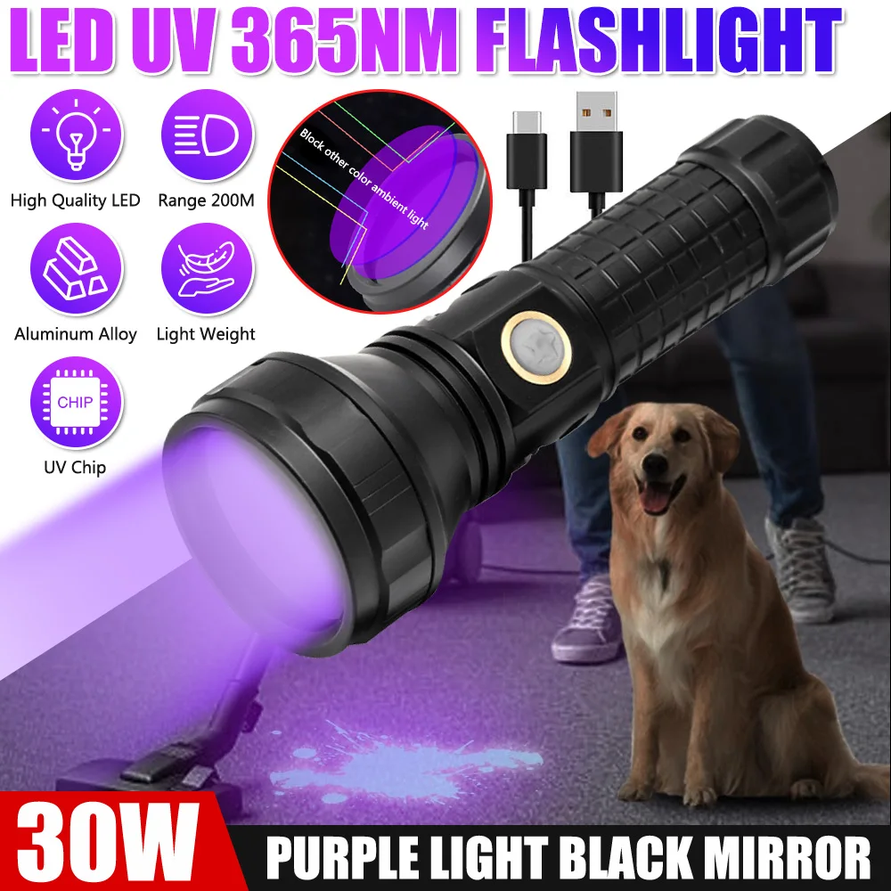 Imagem -02 - Lanterna Led uv para Manchas de Urina Pet Tocha Ultravioleta Lâmpada Flash Luz Negra Portátil Lanternas Violetas 30w 365nm