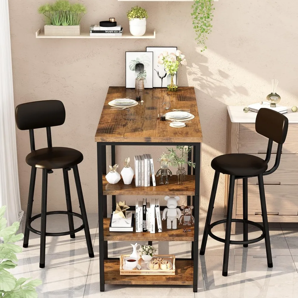 Conjunto de mesa de jantar para 2, mesa de pub de altura de balcão com 2 bancos de bar com encosto largo de couro PU e 3 prateleiras de armazenamento, conjunto de cadeiras de bar