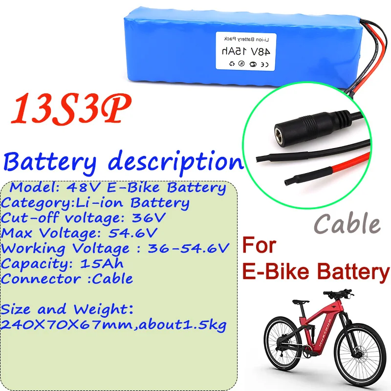 

100% New Original 13S3P 48V Li-ion Battery 15Ah Cable Connector And BMS For Ebike Battery Pack