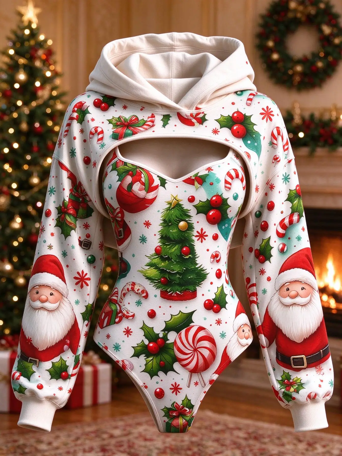 Women 2Pcs Christmas Santa Tree Candy Cane Print Outfit Sleeveless Bodysuit + Hooded Long Sleeve Shrug Set Xmas Holiday Costume