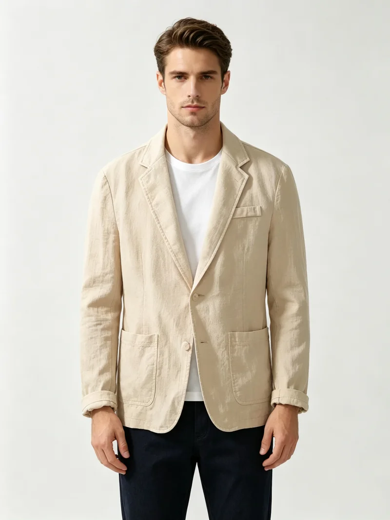 Herren Baumwoll-Leinen Anzugjacke Lässiger Sommer Leichter Reversjacke Einreihiger Business-Blazer für den Alltag – Detail 6
