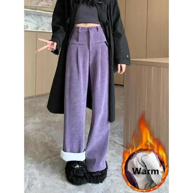 

Winter Thicken Wide Leg Corduroy Pants Warm Velvet Lined Casual Thick Plush High Waist Trouser Korean Women New Pantalones N272