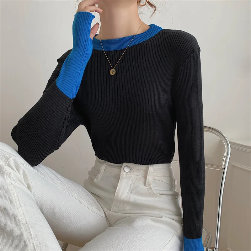 Seoulish Spring Half Turtleneck Colorblock Knitted Women\'s Sweater 2024 New Long Sleeve Bottoming Solid Sweater Female Slim Tops