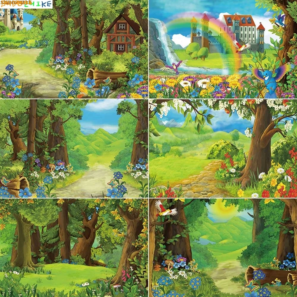 

Cartoon Forest Castle Photography Backdrops Baby Birthday Party Decor Photozone Background Photo Studio Photobooth Props