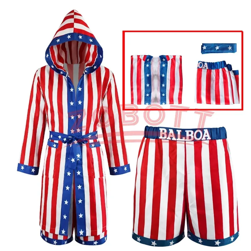 

3PCS Rocky Balboa Boxer Cosplay Costume Boy Red Hooded Cape Shorts Movie Boxing Robe Costume Coat Pants belt Halloween Cosplay