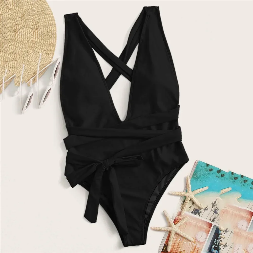 Sexy Red Cross Bandage Backless Swimwear One Piece Swimsuits Woman 2025 Knotted Straps Swimming Bathings Suit V Neck Bodysuits