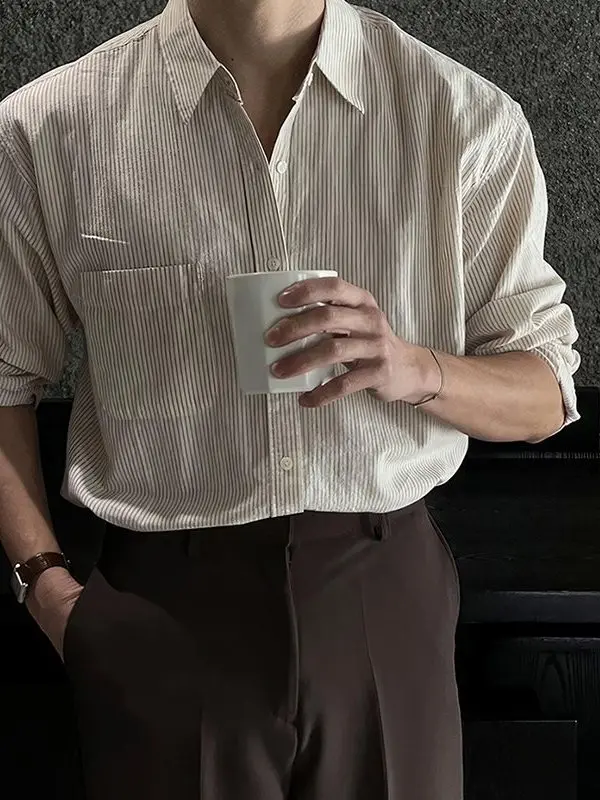 High Quality Men's Long Sleeve Striped Casual Shirt Flip Collar Fashionable Korean Style Spring Autumn Lightweight Matures Trend