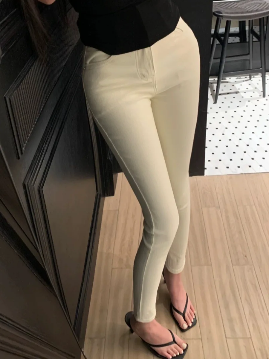 

2024 New White High Waist Elastic Slimming Lengthening Versatile Basic Sle Nine-Piece Women's Jeans Cotton Stretch Denim