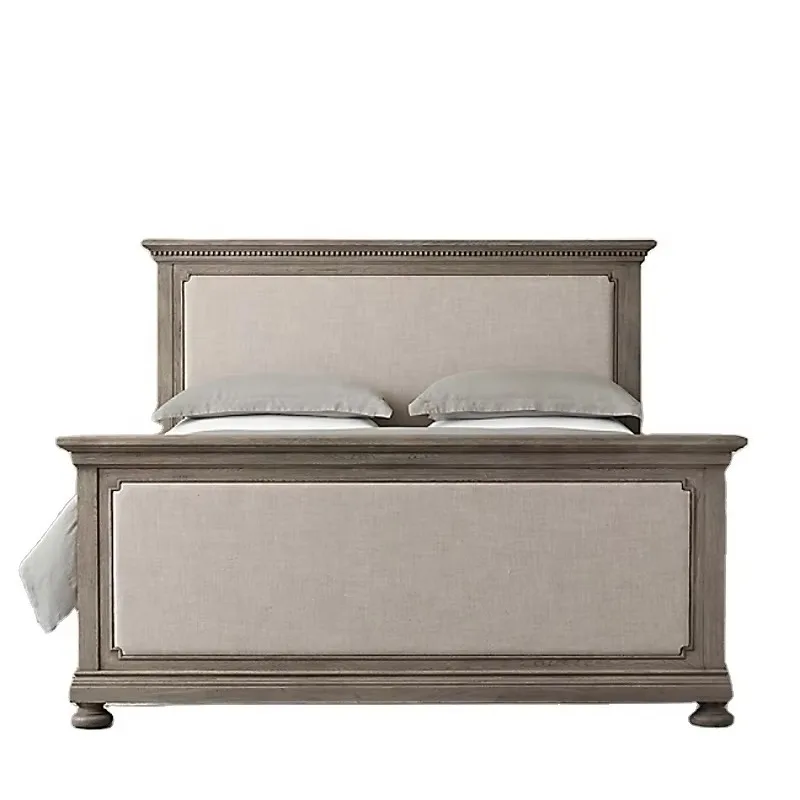Home Furniture Bedroom Hotel Solid Wood King Queen Size Double Bed Antique American Style Wooden Fabric Upholstered Beds