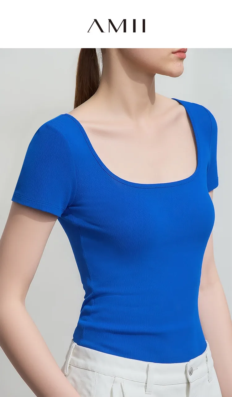 Amii Damen-T-Shirt mit eckigem Ausschnitt, Sommer 2026, Vintage-Stretch, Kurzarm, mehrfarbig, lässig, schmal geschnitten, Oberteil für Damen 12642061 – Detail 1