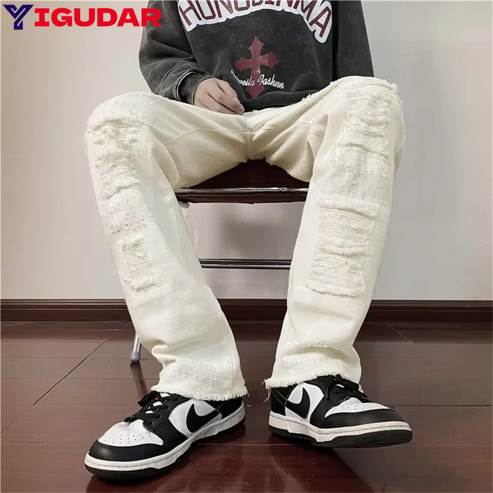 

Hip Hop White Straight Ripped Casual Mens Jeans Pants Both Side Tassel Wide Leg Streetwear Denim Trousers Oversized