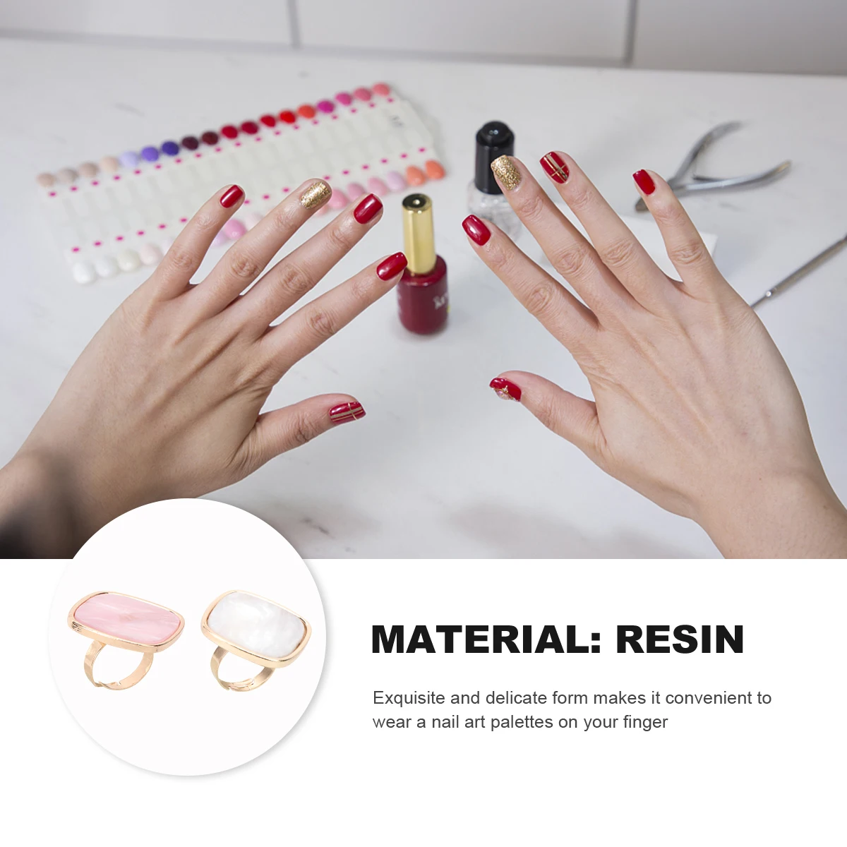 

2pcs Nail Art Resin Marble Shell Finger Ring Plate Mixing Color Palette Mini Portable For Party Salon Home Set