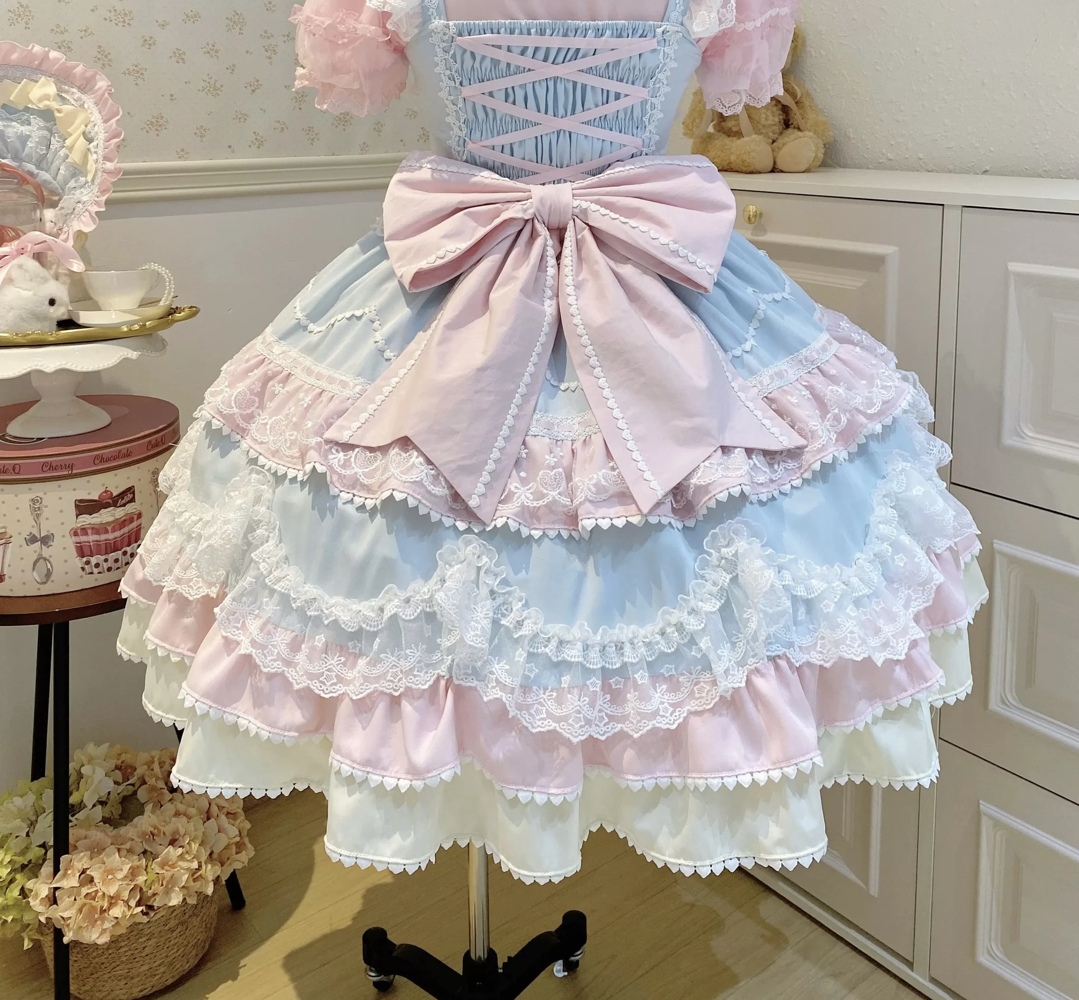 Zoete schattige snoepkleurige mintchocolade Lolita Kawaii taartjurk JSK strik kant dames plus size jarreteljurk