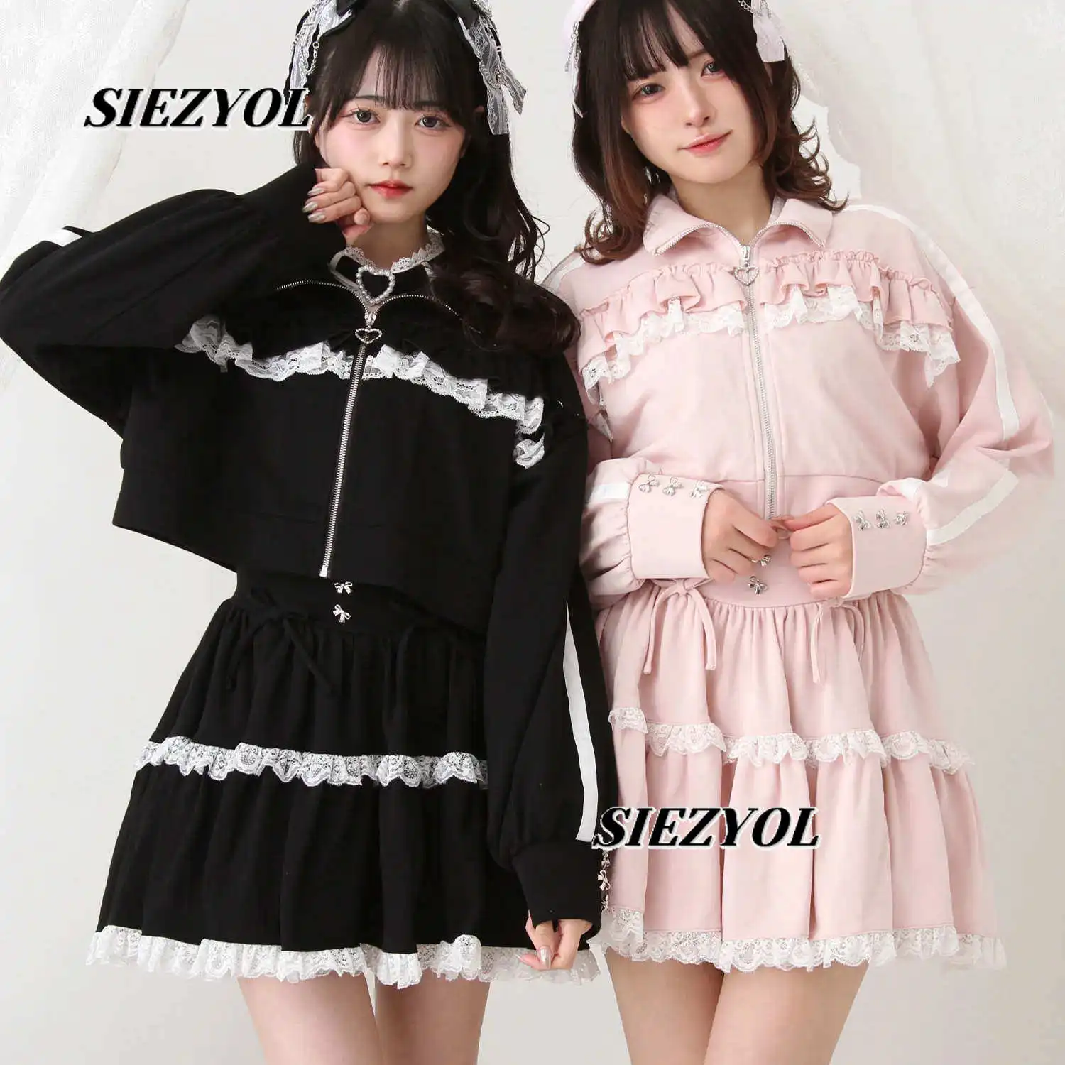 Japanese Style New Arrival Sweet Girls Short Coat Lace Fungus Pure Color Cute Long Sleeves Lapel Zipper Sports Tops Clothes