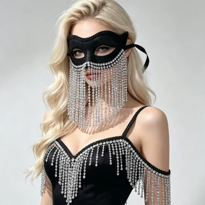 Black glitter rhinestone tassel half-face mask Venetian masquerade Halloween costume party ball eyemask