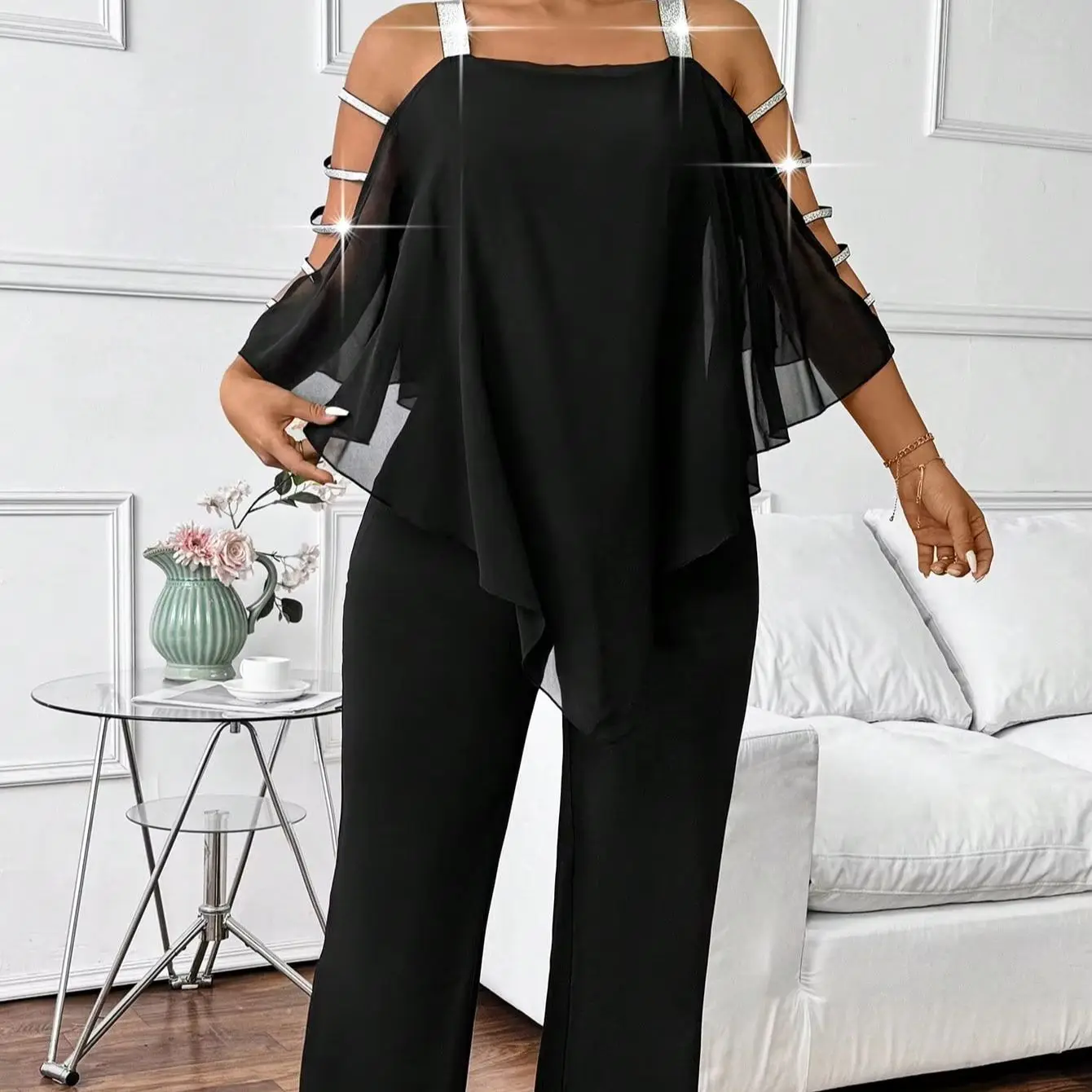 Übergroßer Jumpsuit für Damen mit Strass, Offenem Schulterbereich, Chiffon-Flügelärmeln und Weitem Bein, Elegante Party- und Abendgarderobe – Detail 7