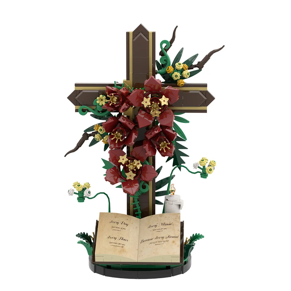 

MOC Jesus Cross Flower Building Blocks Deep Red Prayer Cross Flower Religious Bouquet Bricks Toy Adult Gift
