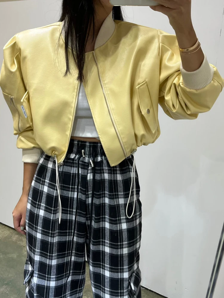 الأصفر بولي PU فو الجلود مثير اقتصاص سترات الربيع النساء 2025 موضة الوقوف كم طويل الرباط زمم موتور منفذها معاطف #3