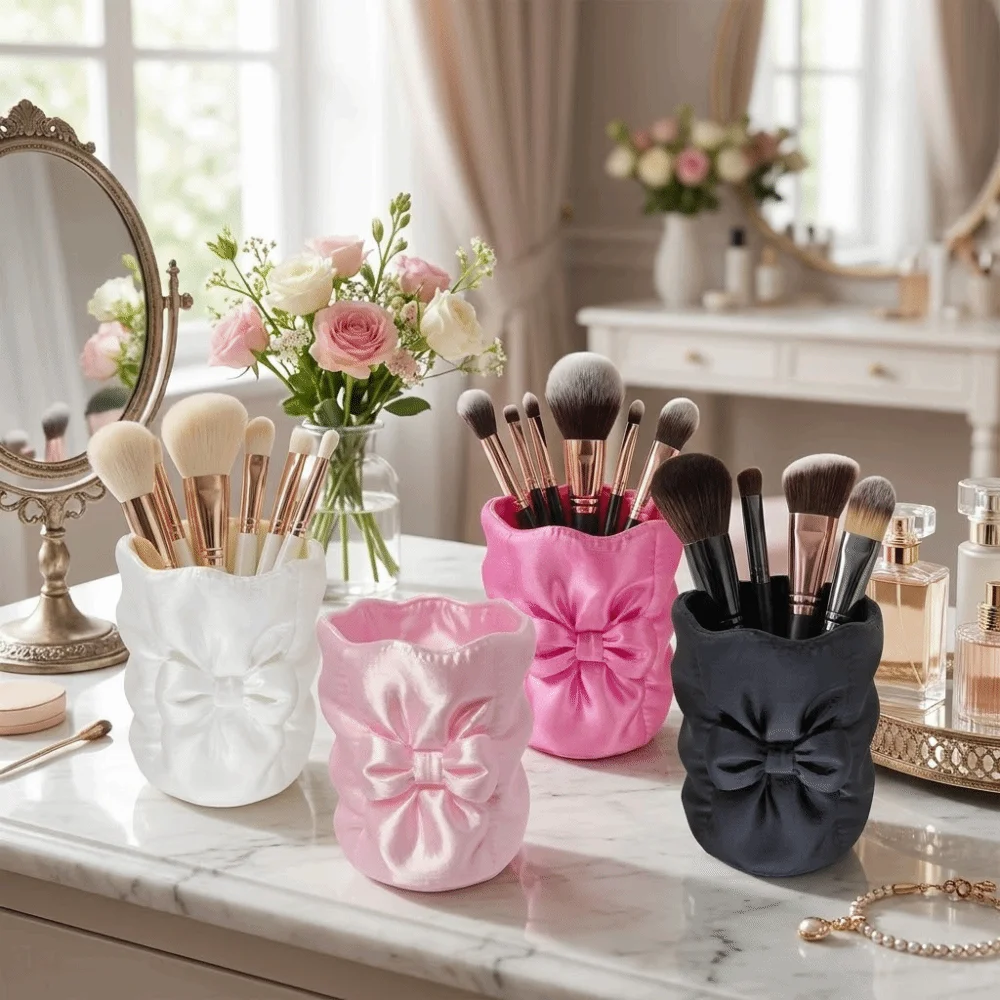 Bowknot Pencil Storage Box Creative Wear-Resistant Desk Stationery Organizer Imitation Silk Multifunctional Eyebrow Pencil Rack
