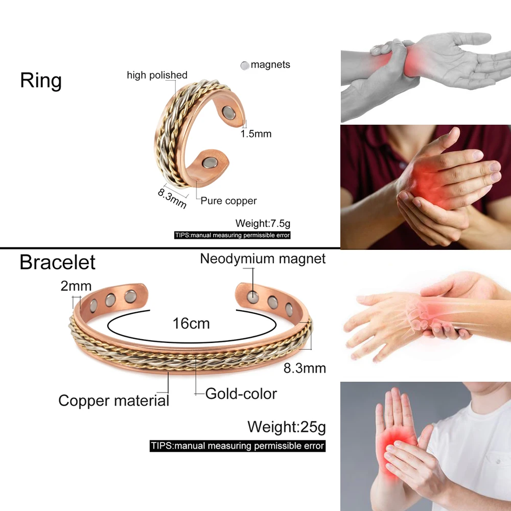 Vinterly Twisted Magnetic Pure Copper Jewelry-Set Adjustable Bracelets Ring Magnet Resizable Health Jewelry Sets Braided Pattern