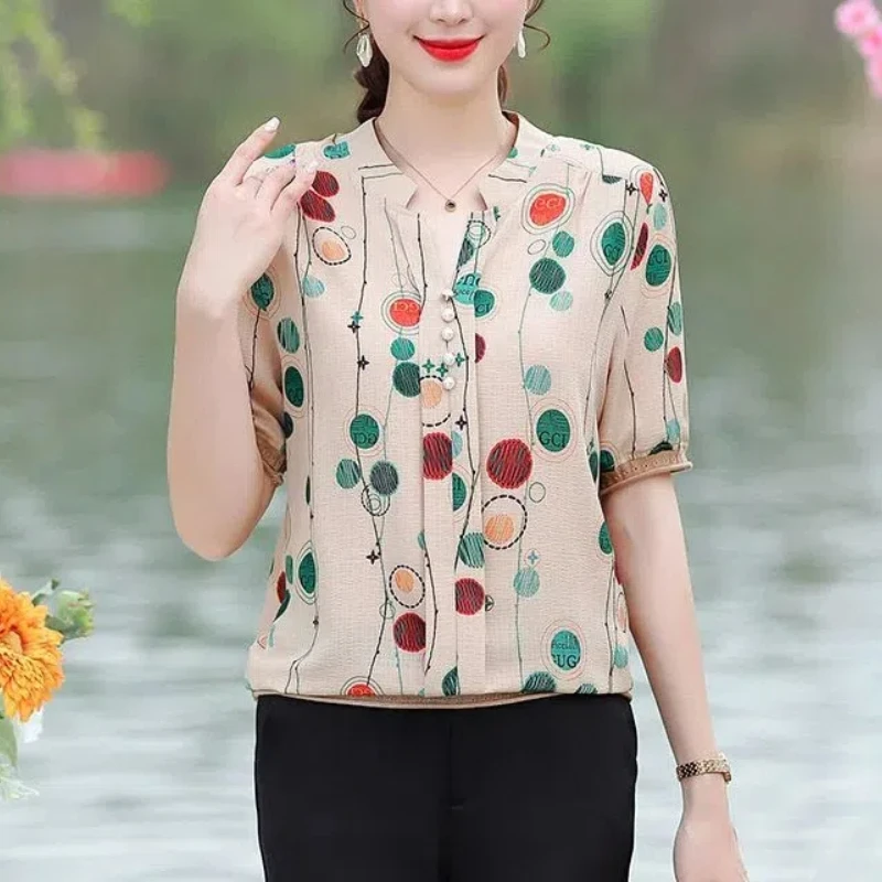 New Summer Women\'s Style V-Neck Short Sleeve Loose Thin Printed Classic Pullovers Plus Size Button Fashion Casual Commute Tops