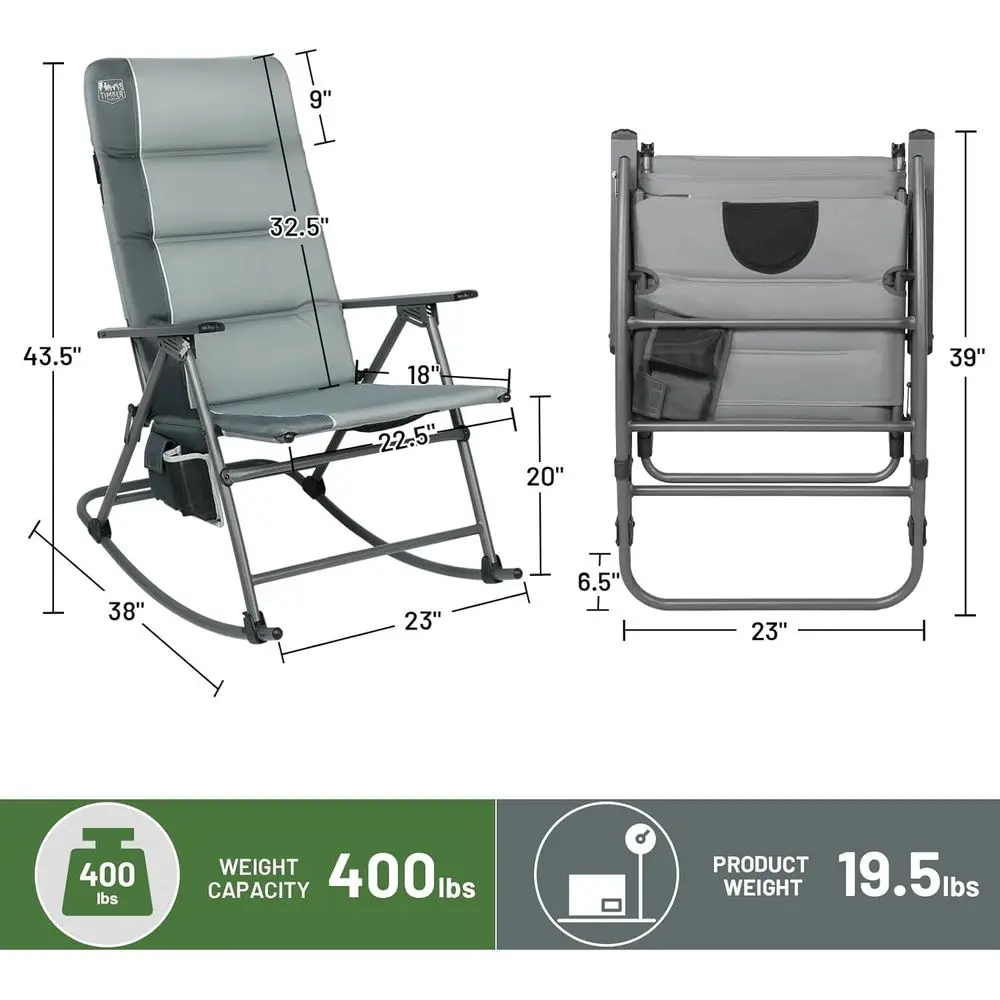 Double Pack Grey Outdoor Rocking Chairs with High Back and Padding, Up to 400 lbs Capacity