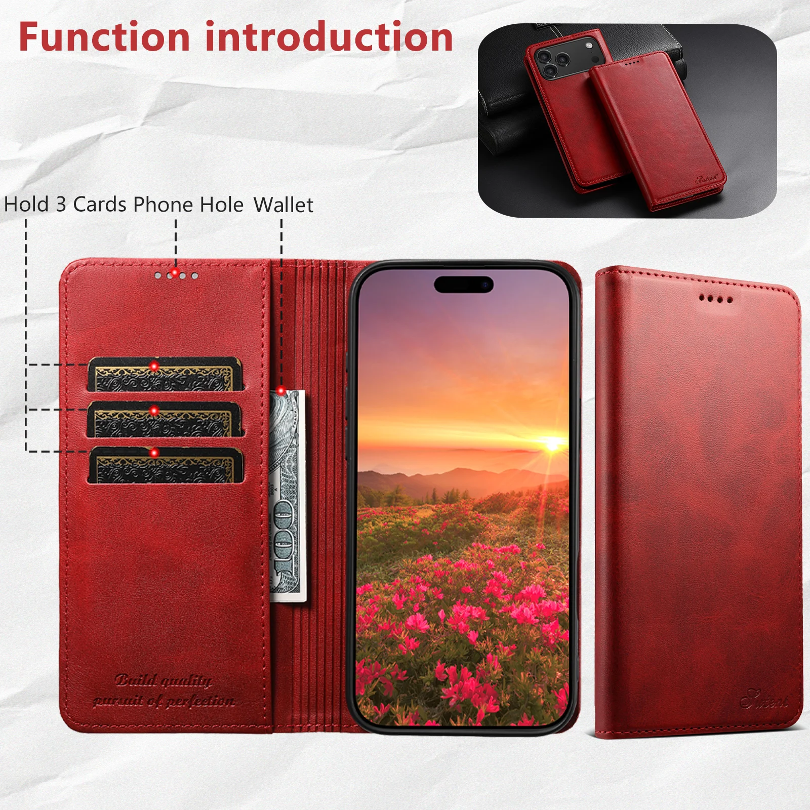 SUTENI Kunstleder-Kartenhalter-Standfunktion-Geldbörse Magnet-Flip-Cover Handyhülle für iPhone 18 Pro Max 17 16 Plus 15 Pro 14 13 12 – Detail 17