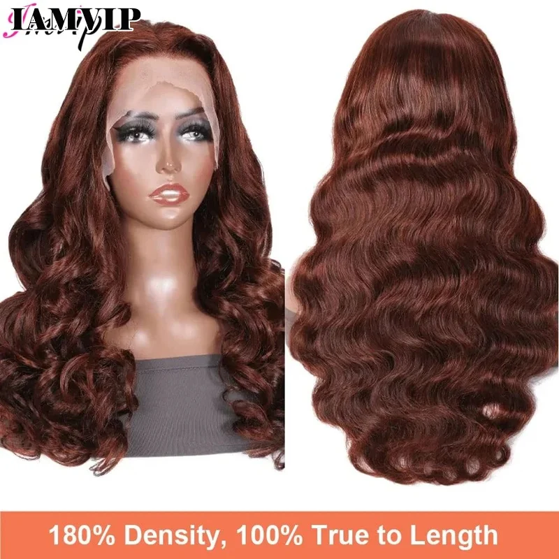 13x6 Inch 200 Density HD Lace Transparent Front Wigs for Women Curly Remy Human Hair 33# Color Brown Frontal Wig Loose Body Wave