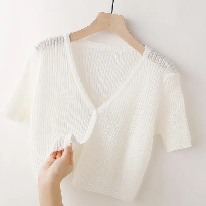 

Fashion Summer Knitted Cardigans Short Sleeved Short Thin Sunscreen Shawl Women Sunscreen Tops Korean Elegant Clothes Tops