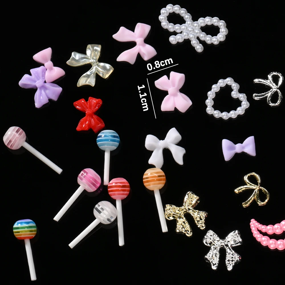 12/24Grids 3D Resin Bowknot/Ribbon Nail Charms Mixed Alloy Bow,Pearl Heart/Moon/Lollipop Nail Art Decorations Manicure Accessory