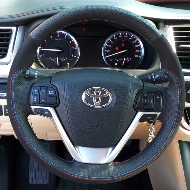 For Toyota Highlander 2014-2019 Sienna 2015-2019 Hand Stitched Black Genuine Leather suede Car Steering Wheel Cover Car parts