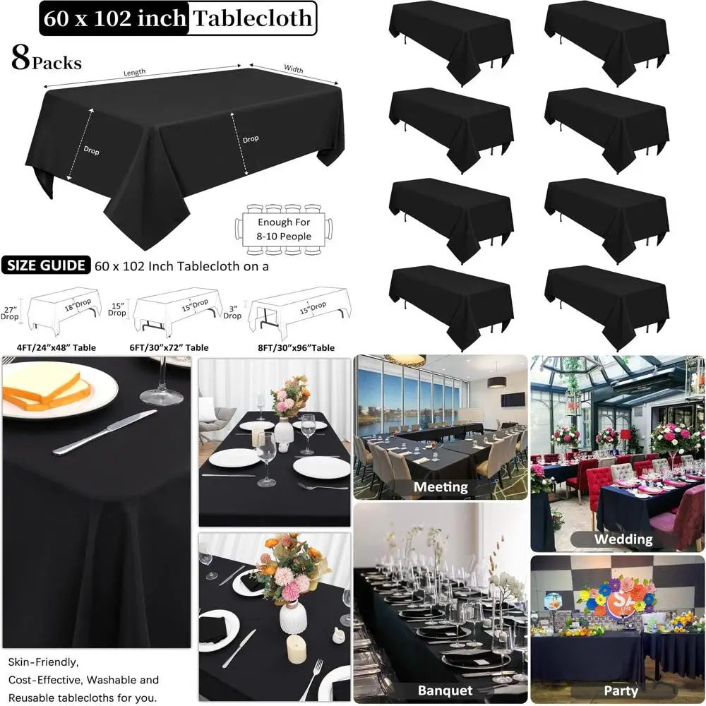 

60x102 Inch Black Rectangular Tablecloths for 6ft Tables, Wrinkle-Resistant Polyester, Ideal for Weddings and Banquets