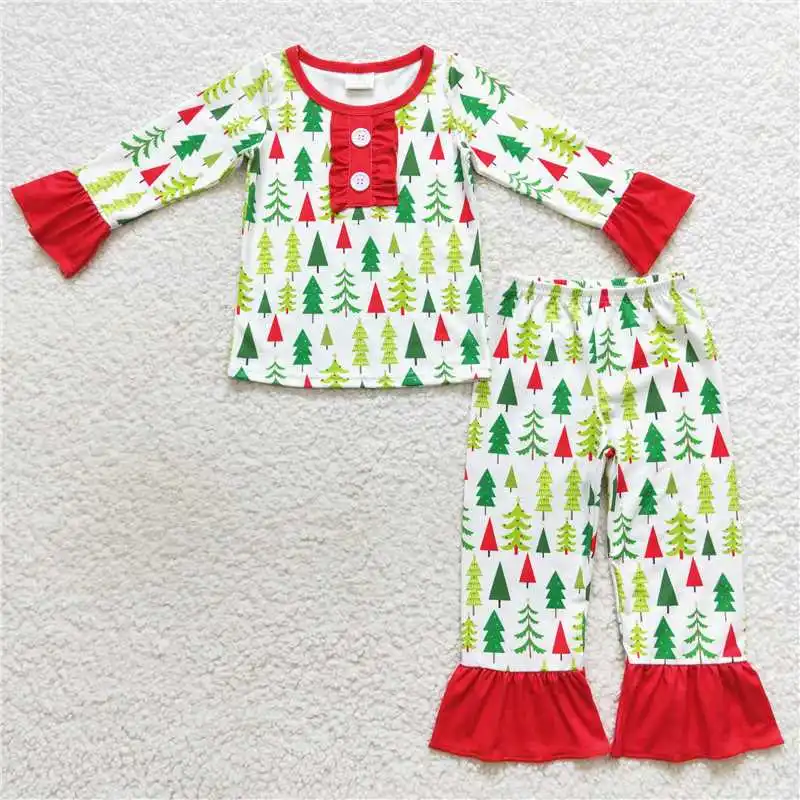 New Fashion Happy Holidays Christmas Tree Cookie Green Pocket Lace Long Sleeve Long Pants Pajama Set Wholesale Boutique Kid Suit