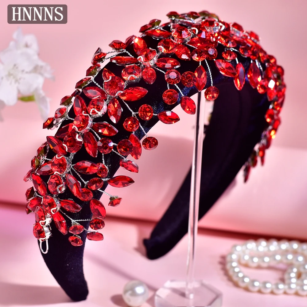 

HNNNS Fashion Bride Headband Red Rhinestone Headpiece Wedding Dress Wide Brimmed Headdress Princess Party Hair Accessories A289