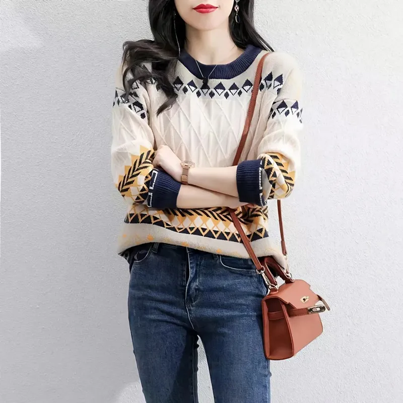 Women's Sweater Round Neck Korean Pullovers Graphic Yellow Fashion Loose Knit Tops 2024 Autumn Winter Clothes Roupas Feminina