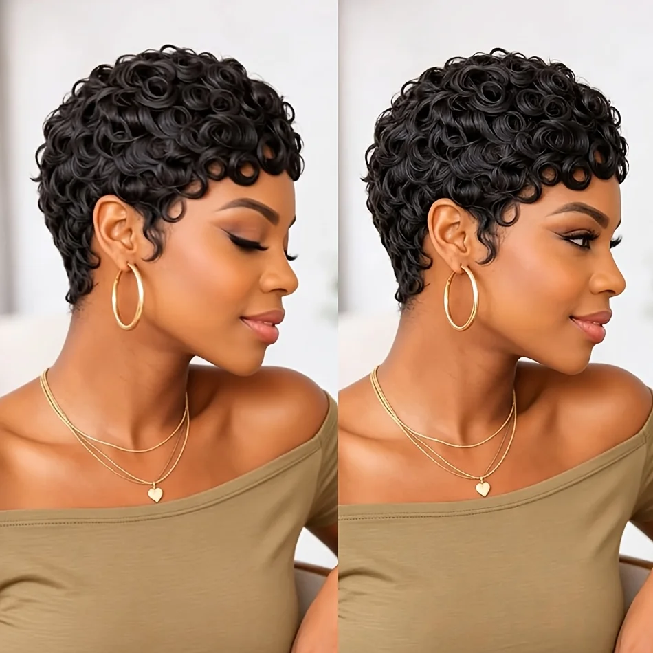 

Human Hair Short Curly Wig for Women - Natural Black Wave Wig, Short Pixie Cut Curly Human Hair Wig,Full Machine Made Wig