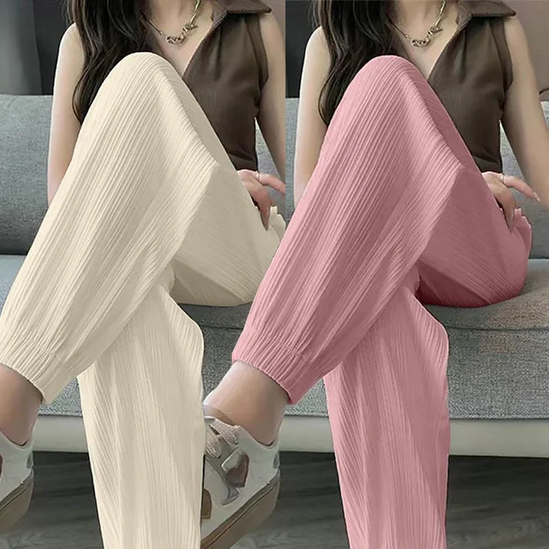 

Ice Silk Wide Leg Harem Pants Trousers Solid Elastic Waist Women Clothing Sport Streetweat Summer Casual Ankle-Length Pants New