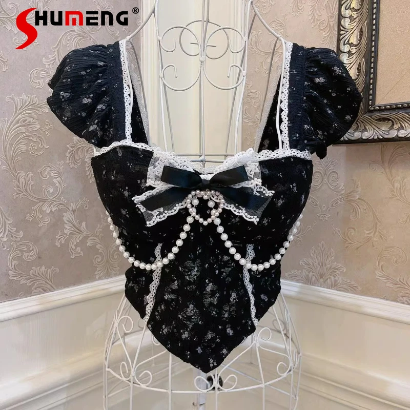 

Oil Painting Girl Retro French Style Y2k Bow Floral Lace Trim Slimming Crop Top With Chest Pad Camisole Kawaii Clothes For Women