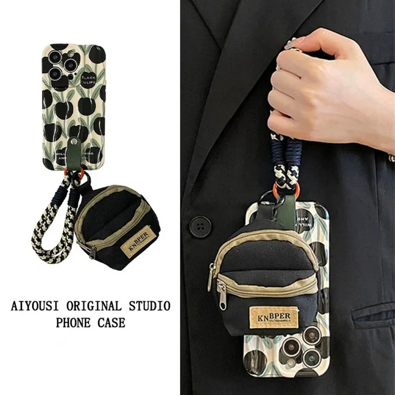 New Suitable for iPhone 15 Flower Strap Phone Case 14promax Crossbody 13pro Multi Functional Small Book Bag 12 Protection Cover